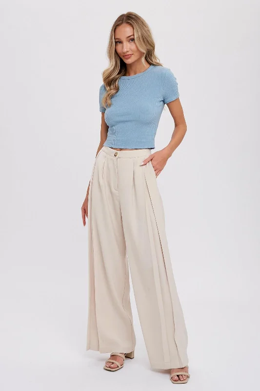 women's workout pantsBeige Pintuck Wide Leg Pants