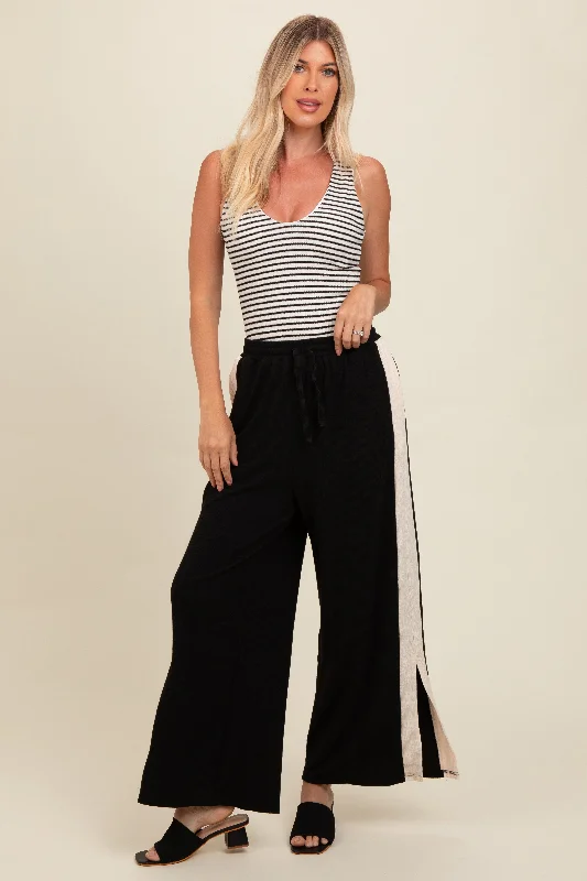 women's everyday pantsBlack Contrast Stripe Side Slit Pants