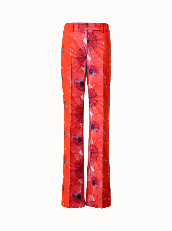 women's sustainable pantsCotton Silk Double-Face Wide Leg Pants with Poppy Print