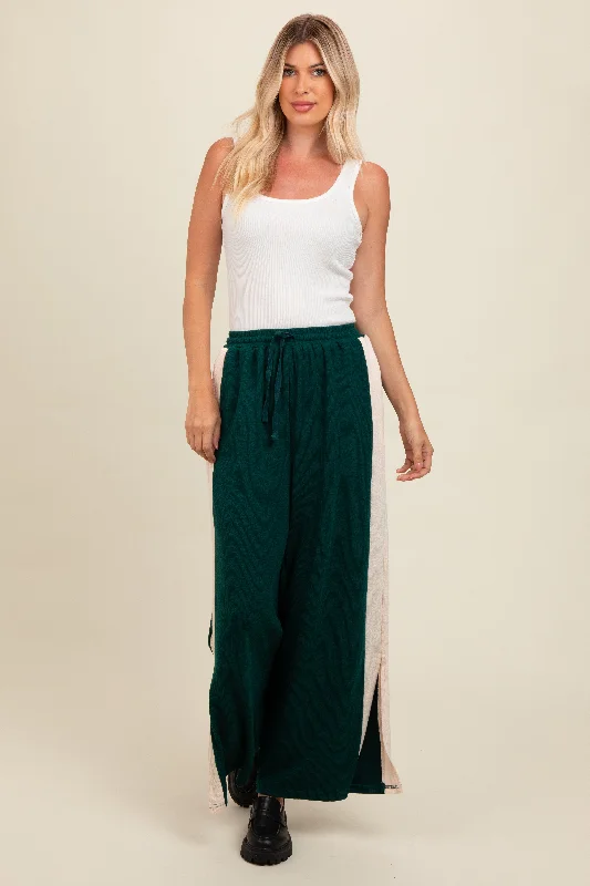 women's designer pantsForest Green Contrast Stripe Side Slit Pants