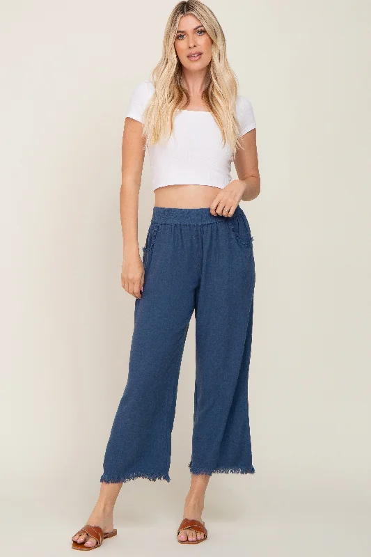 women's patched pantsNavy Linen Frayed Hem Crop Pants