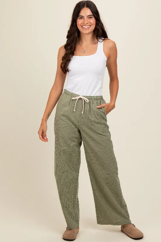 women's chiffon pantsOlive Drawstring Checker Plaid Pants