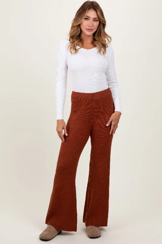 women's party pantsRust Ribbed Knit Flare Pants