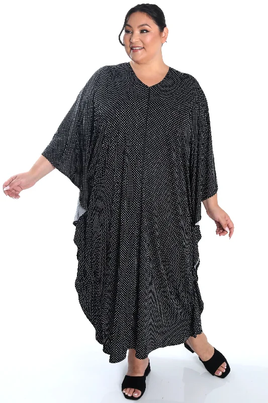 women's affordable pantsVikki Vi Jersey Black Mini Dot Zip Front Caftan