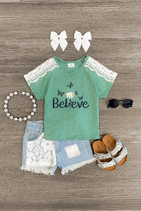 women's spaghetti strap dresses"Believe" Green Denim Short Set