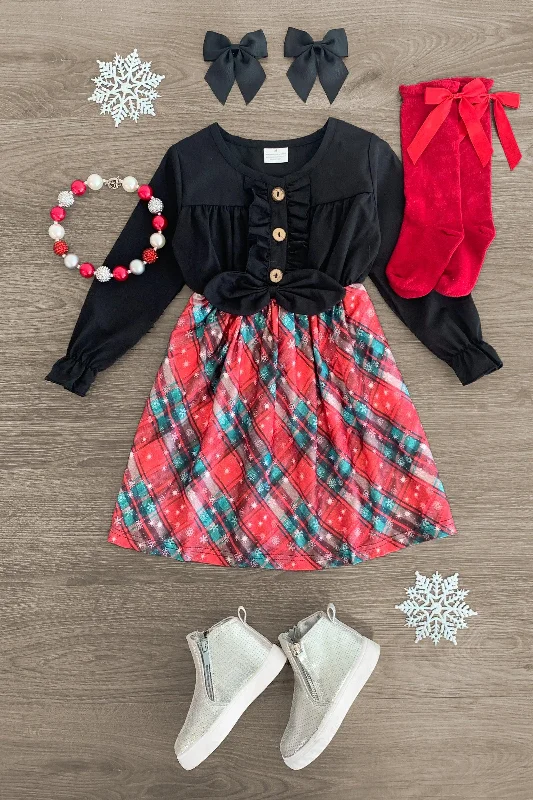 Bridesmaid DressBlack Plaid Snowflake Dress