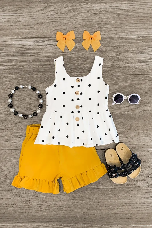 women's satin dressesMustard & Polka Dot Ruffle Short Set