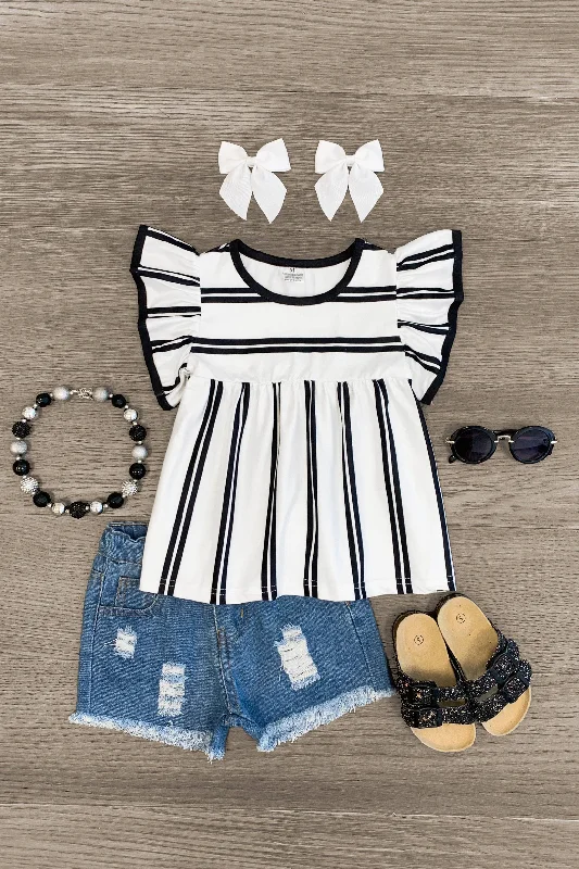 Striped DressBlack & White Striped Ruffle Distressed Short Set