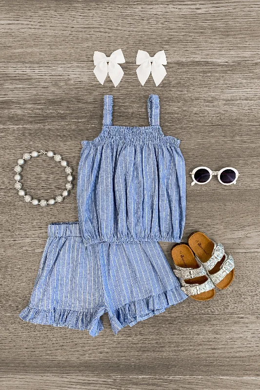 Knit DressBlue & White Stripe Ruffle Short Set