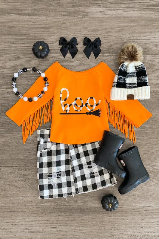 Floor-Length Dress"Boo" Orange Gingham Denim Skirt Set