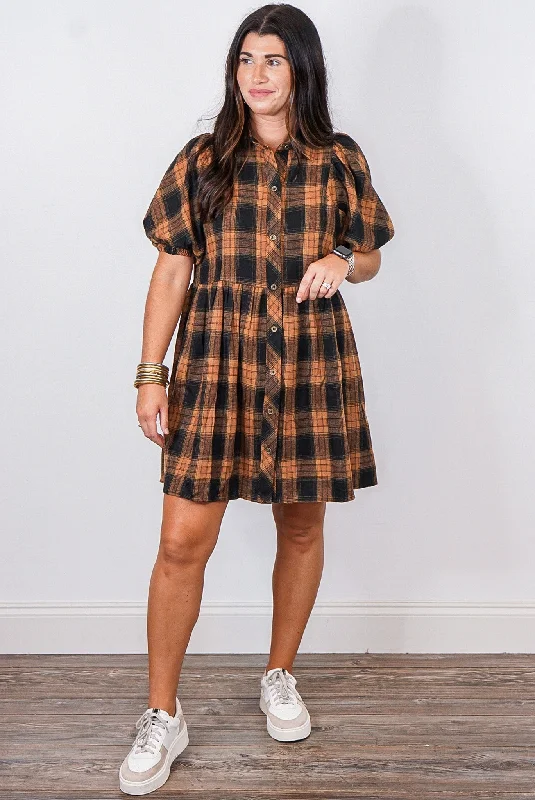 Long-Sleeve DressBonfire Dates Caramel Plaid Dress