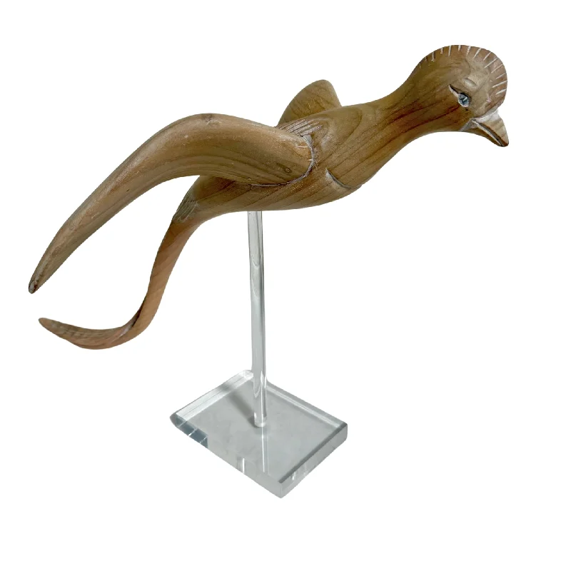 women's ruffle dressesCarved Wood Bird Statue with Crossed Tail Feathers on an Acrylic Stand