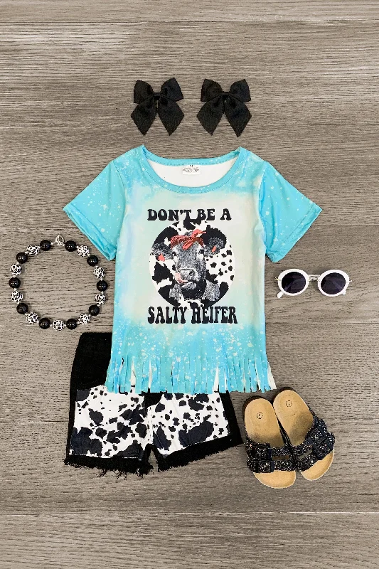 women's prom dresses"Don't Be A Salty Heifer" Denim Short Set