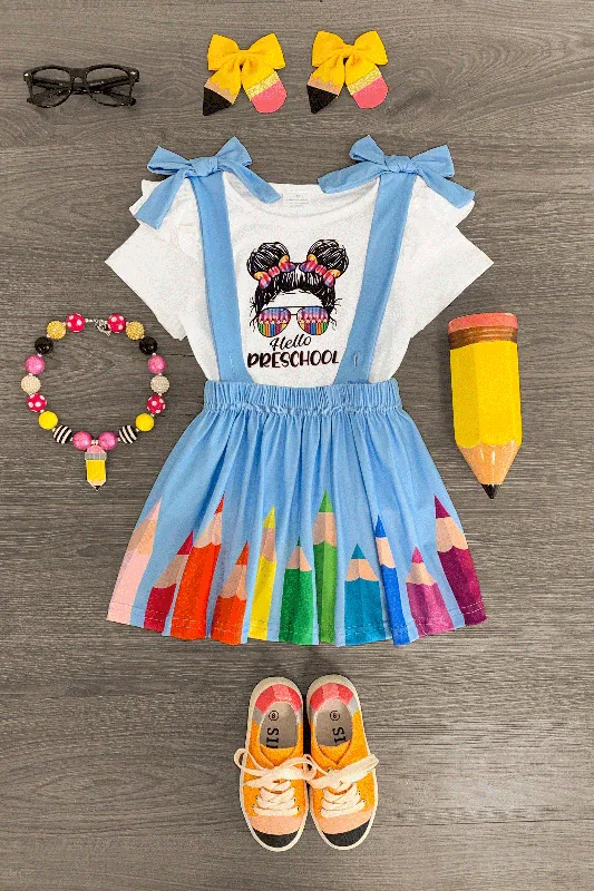 Peter Pan Collar Dress"Hello Preschool - 4th Grade" Rainbow Pencil Suspender Skirt Set