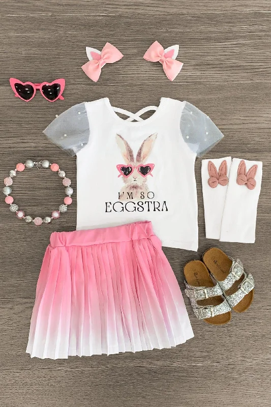 women's cold-shoulder dresses"I'm So Eggstra" Pink & White Ombre Skirt Set