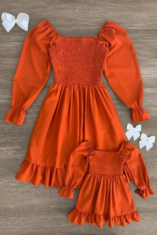 women's pear-shaped body dressesMom & Me - Orange Smocked Long Sleeve Dress