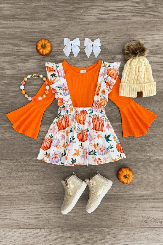 Trumpet DressOrange Pumpkin Fall Foliage Skirt Set