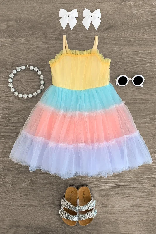 Chic DressPastel Rainbow Striped Tulle Dress