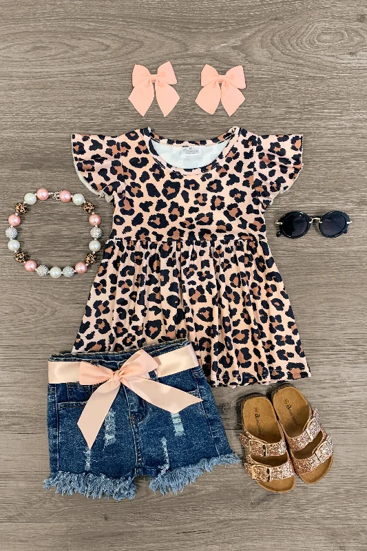 Tea-Length DressPeach Cheetah Distressed Denim Short Set