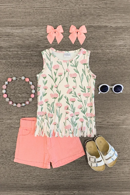 Ribbon DressPink & Green Floral Fringe Denim Short Set