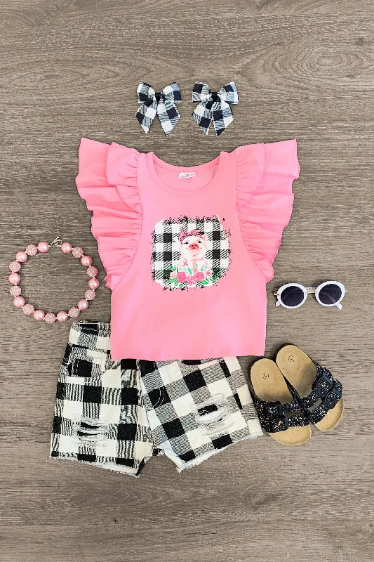 Jersey DressPink Pig Plaid Distressed Denim Short Set