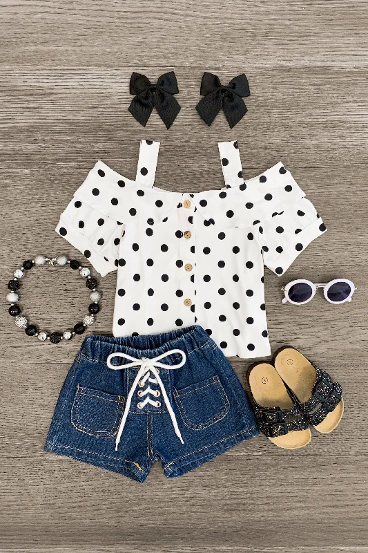 Wrap DressPolka Dot Lace Up Denim Short Set