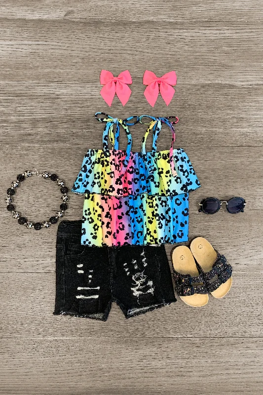 women's one-shoulder dressesRainbow Cheetah Tie Shoulder Denim Short Set