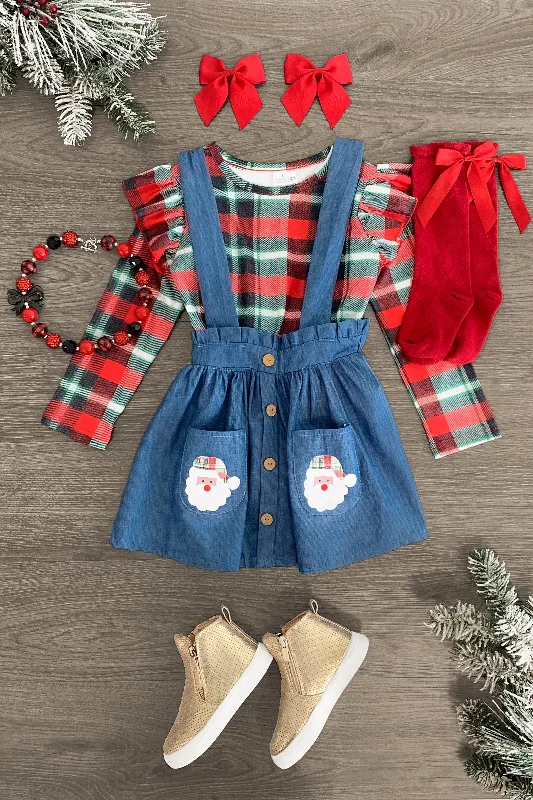 women's stylish dressesRed & Green Plaid Santa Suspender Skirt Set