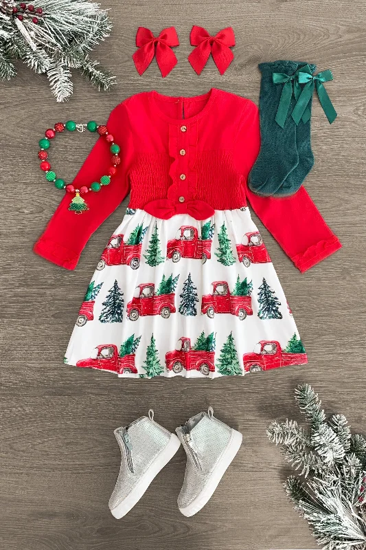 Flutter-Sleeve DressRed Vintage Truck Christmas Tree Dress