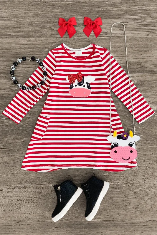 Casual DressRed & White Striped Cow Pocket Dress