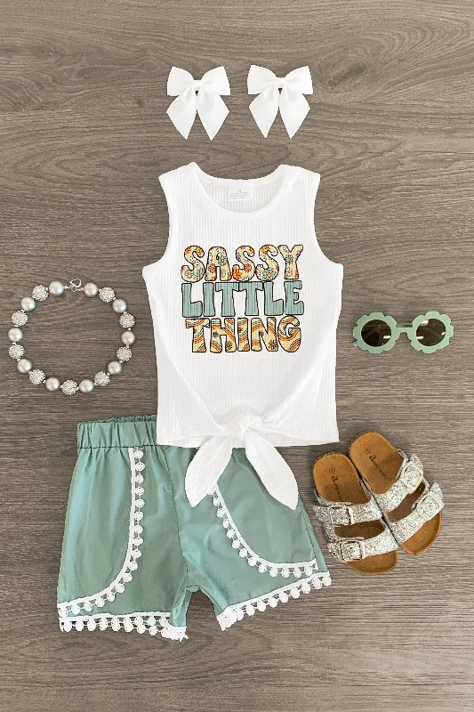 Bow-Tie Dress"Sassy Little Thing" White & Green Short Set