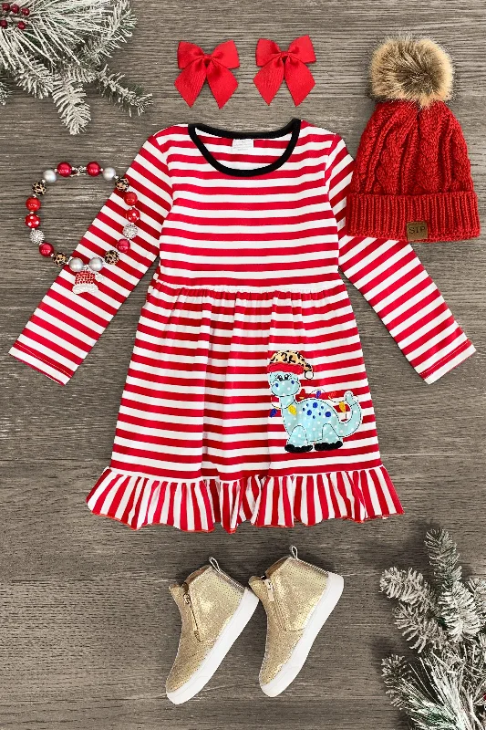 women's casual Friday dressesRed Striped Christmas Dinosaur Dress