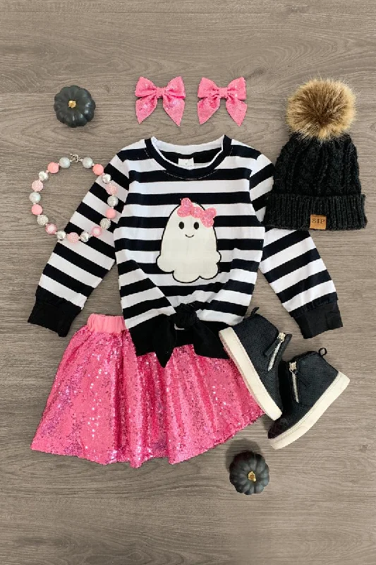 Cold-Shoulder DressPink Striped Sequin Ghost Skirt Set