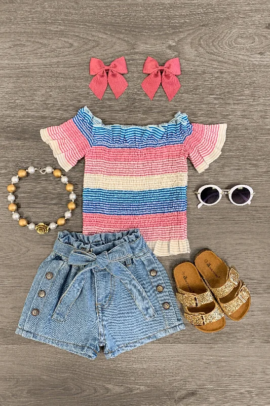 Vintage DressStriped Smocked Denim Short Set