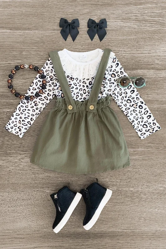 women's statement dressesWhite Cheetah & Olive Suspender Skirt Set