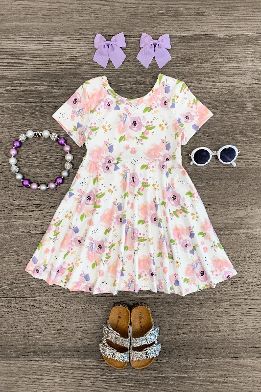 Polka-Dot DressWhite Pastel Floral Short Sleeve Dress