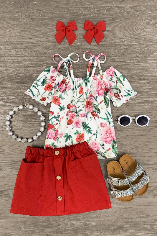 Bohemian DressWhite & Red Floral Cold Shoulder Skirt Set